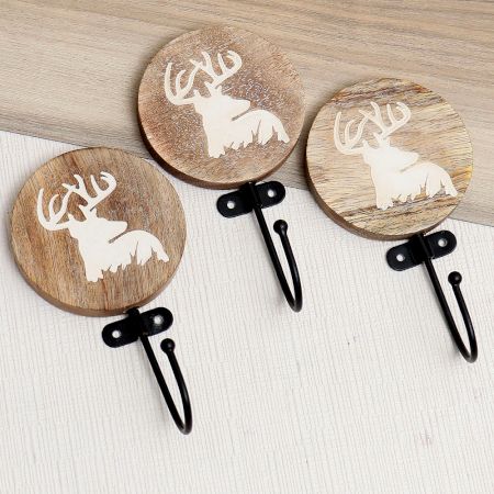 3 Pieces Brown Wooden Rain Deer Hooks For Wall
